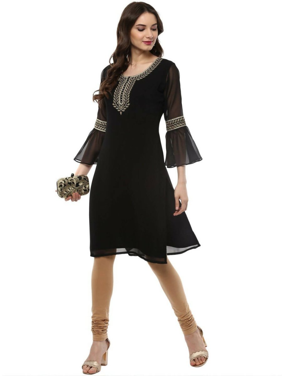 Ahalyaa Women's Black Georgette Glitter Print Kurta