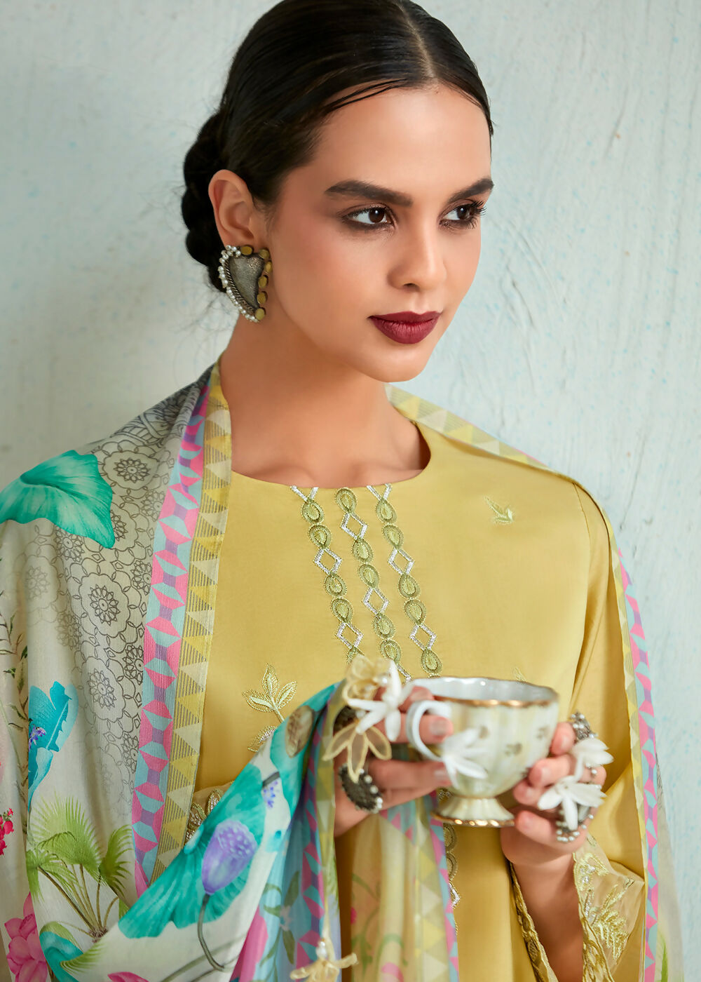 Lemon Yellow Pure Muslin Resham Embroidered Salwar Suit - Emponline