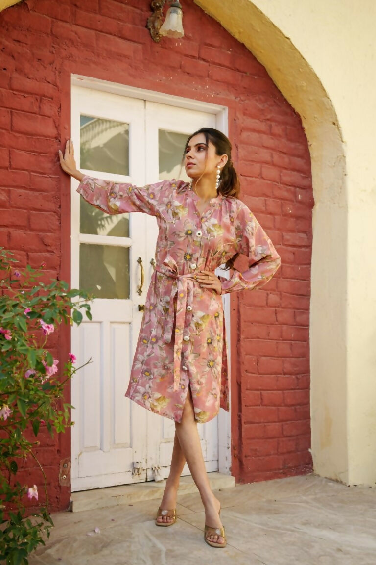 Vaasva Women Pink Muslin Floral Printed Knee Length Dress