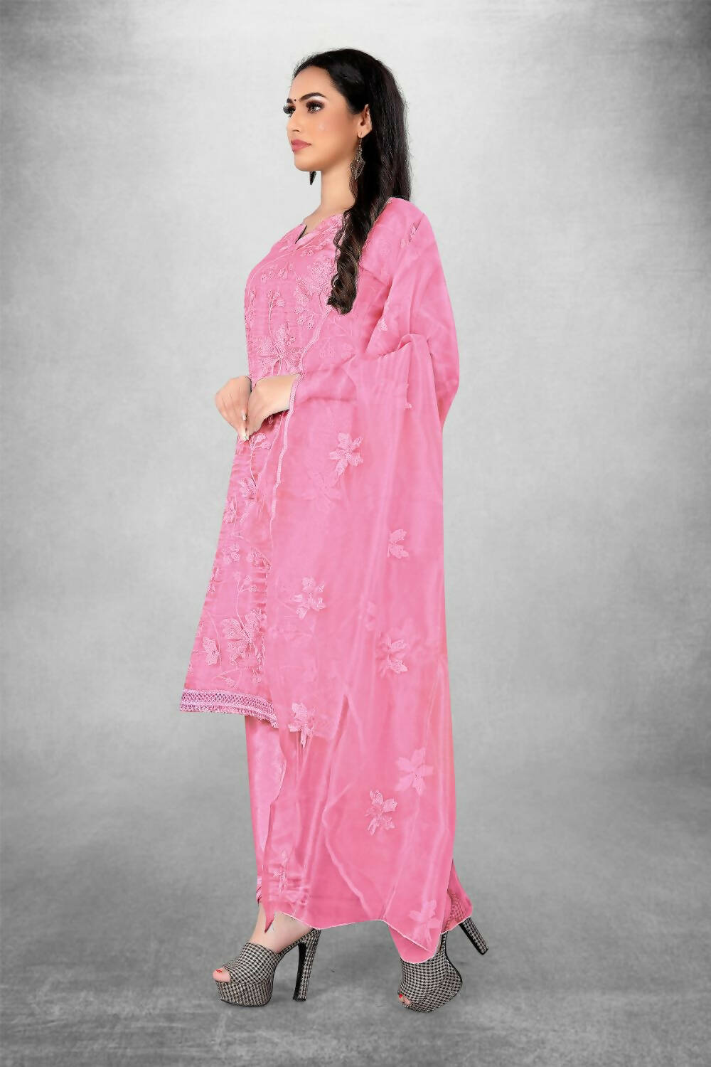 Pink Heavy Organza Silk Embroidered Unstitched Dress Material - Amara