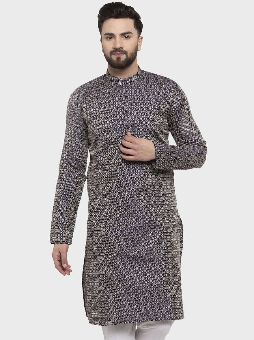 Jompers Men Navy-Blue & White Woven Design Kurta Only