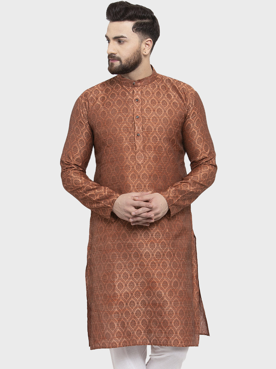 Jompers Men Brown & Grey Jacquard Kurta Only