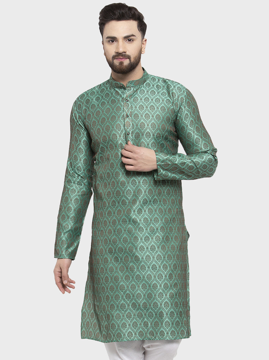 Jompers Men Green & Grey Jacquard Kurta Only