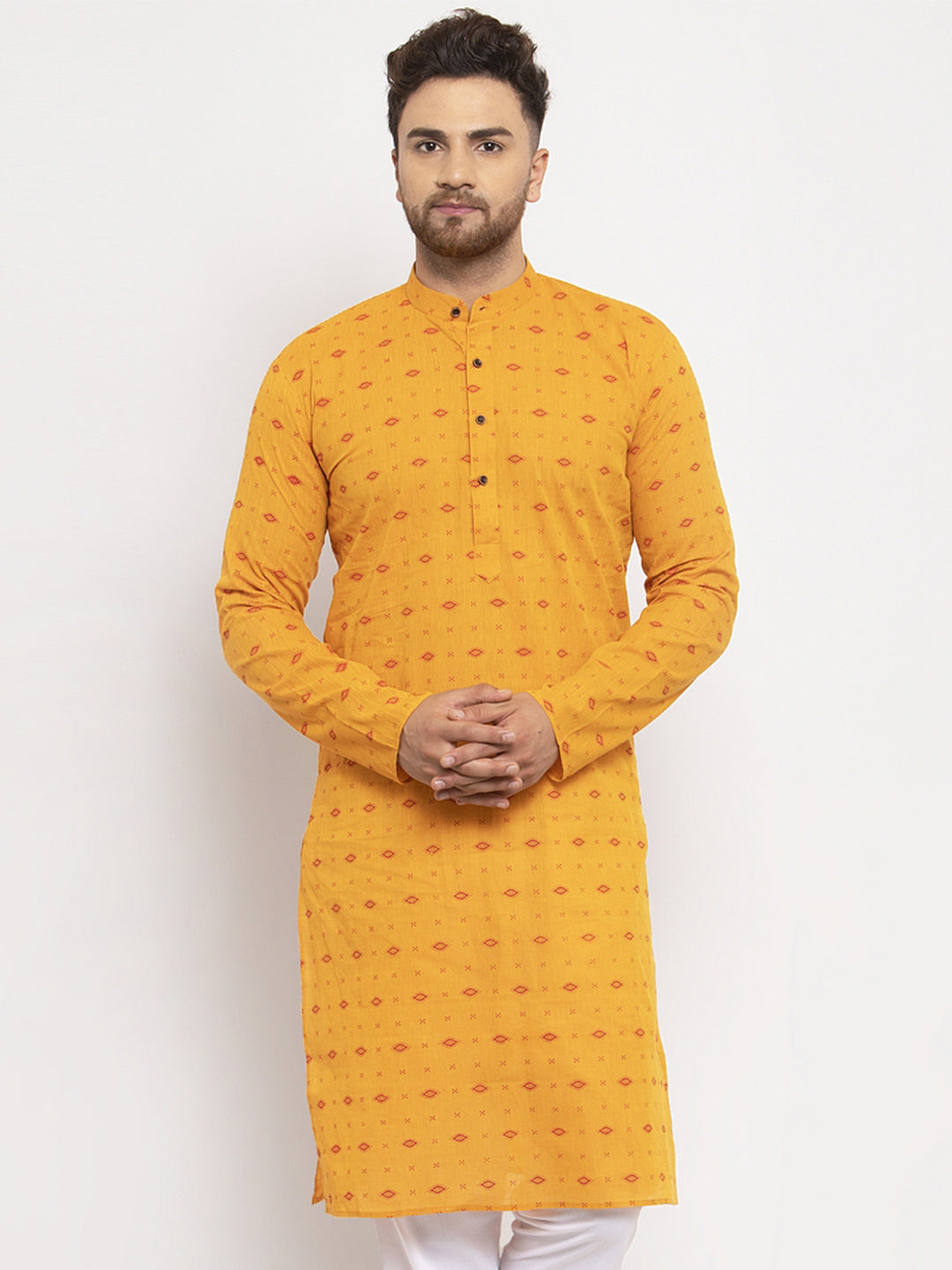 Jompers Men Yellow & White Cotton Printed Kurta Only