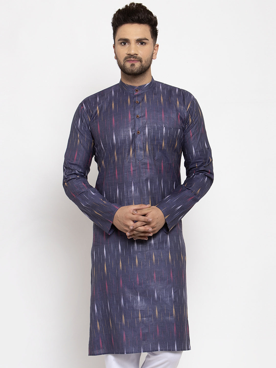 Jompers Men Navy Blue Woven Design Ikkat Straight Kurta Only