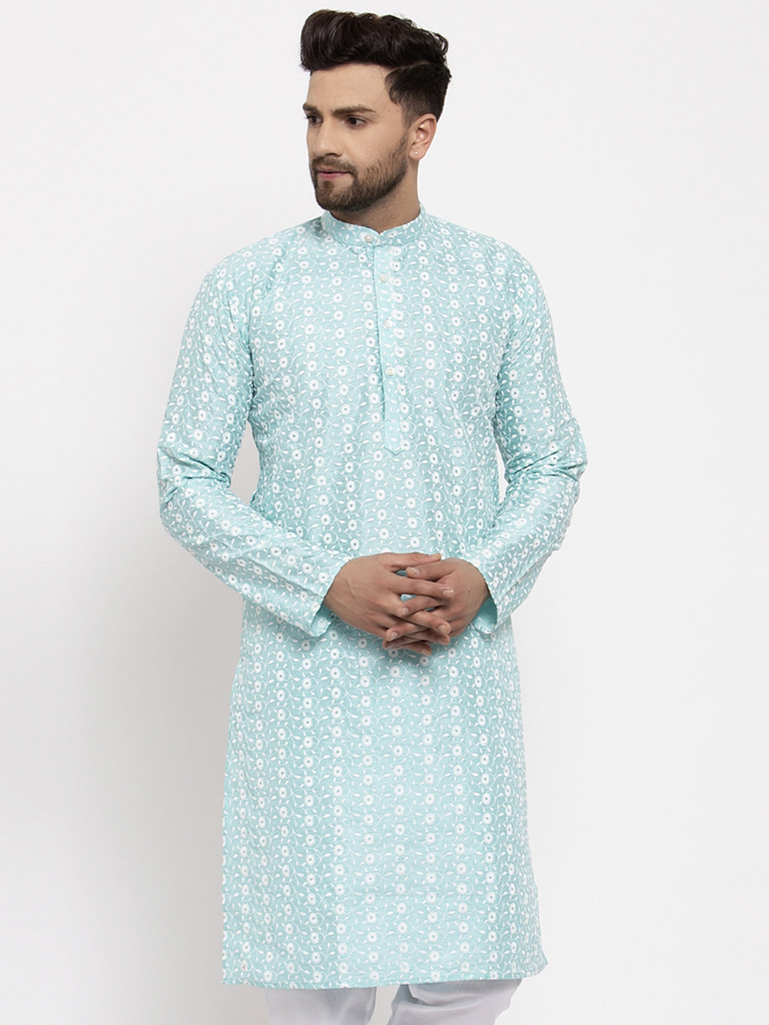 Jompers Men Turquoise Blue Embroidered Kurta Only
