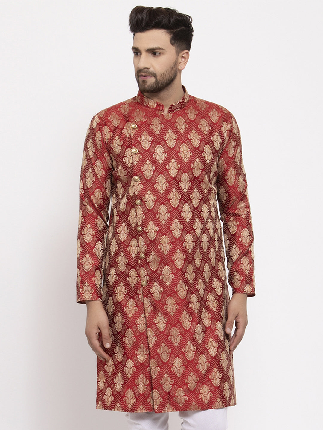Jompers Men Maroon Jacquard Kurta Only