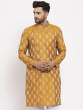 Jompers Men Mustard Yellow & White Jacquard Kurta Only