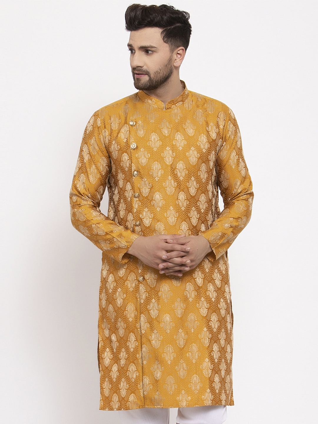 Jompers Men Mustard Yellow & White Jacquard Kurta Only