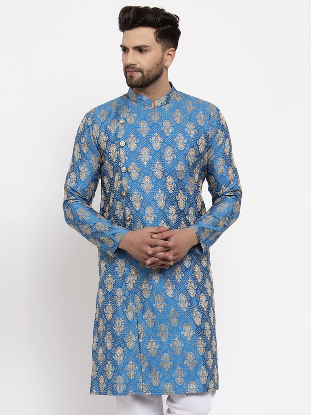 Jompers Men Blue Jacquard Kurta Only