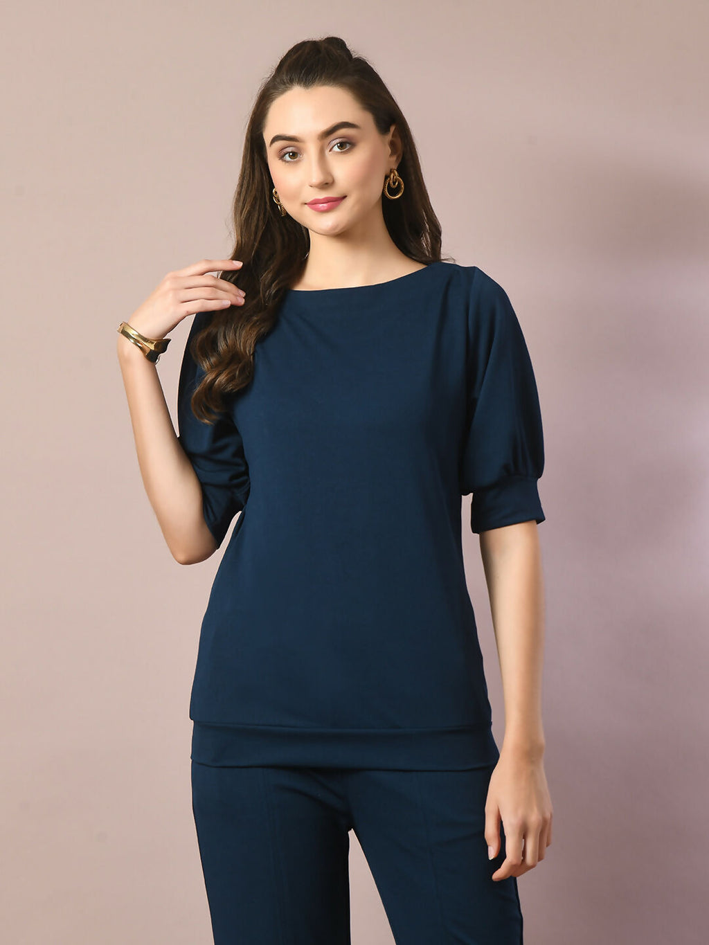 Myshka Women's Blue Solid Boat Neck Party Top With Trousers Co-ord set