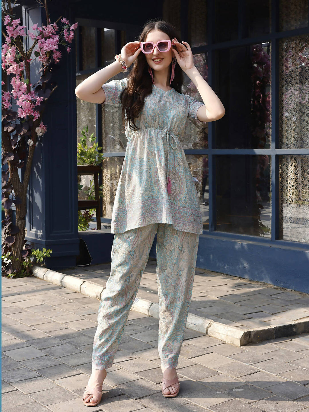Sky Blue Rayon Paisley & Floral Printed Top with Matching Bottom - Eesha