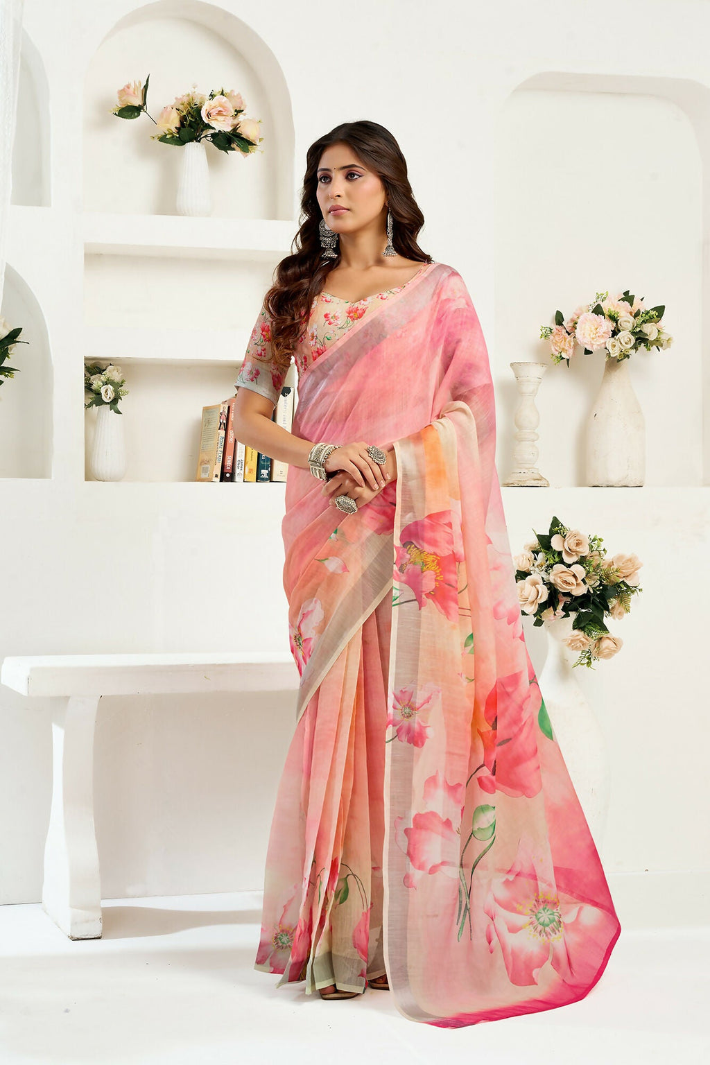 Vastranavya Peach Digital Printed Linen Ready To Wear Designer Saree with Unstitched Blouse