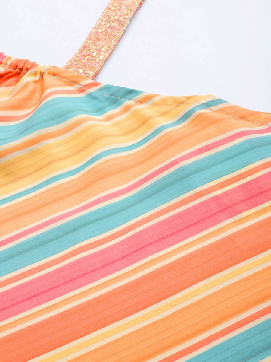 Ahalyaa Peach-Coloured & Blue Printed Striped Asymmetric Taselled Kaftan Kurta Palazzos