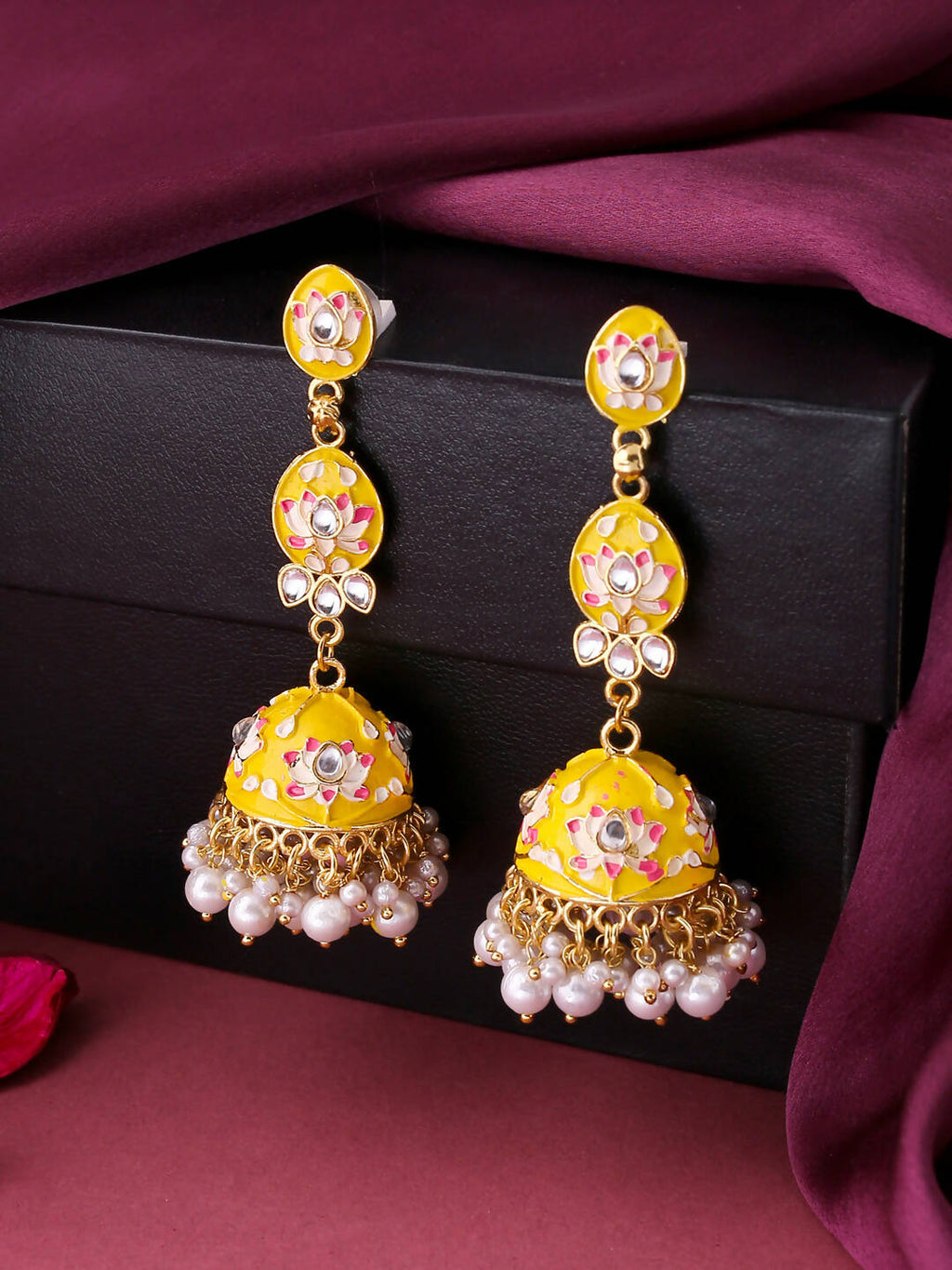 NVR Women Gold-Polished Yellow Jhumkas Earrings