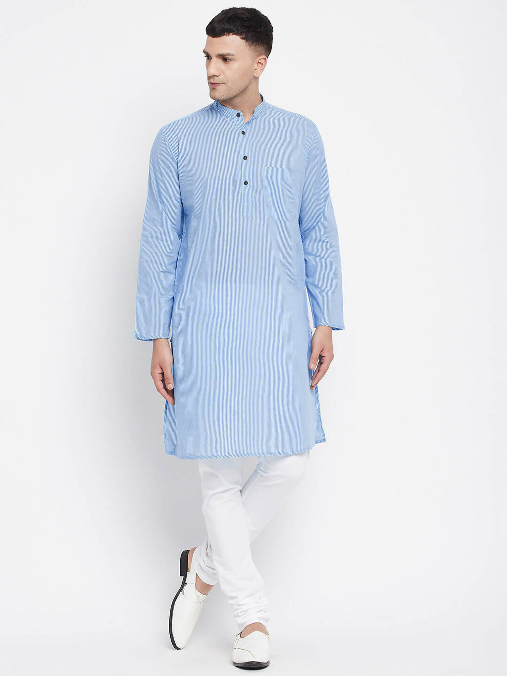 Even Apparels Blue Pure Cotton Men's Kurta With Band Collar