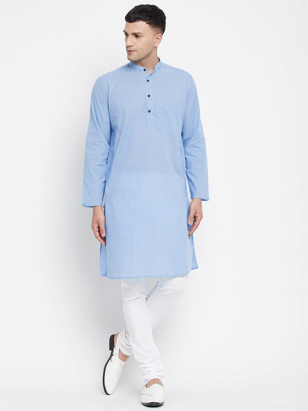 Even Apparels Blue Pure Cotton Men's Kurta With Band Collar