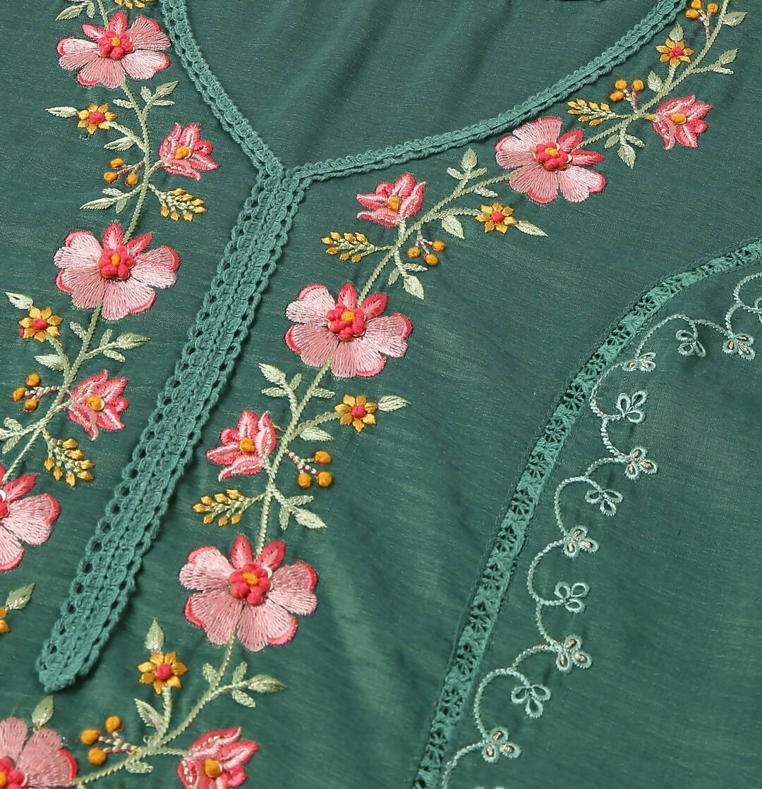 Green Chinon Embroidered Straight Kurta with Trouser & Dupatta - Salimar