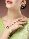 NVR Women's Red Gold-Polished Stone Studded Handcrafted Ring Bracelet