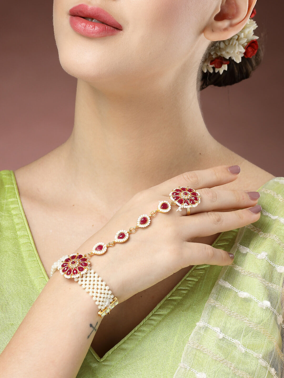 NVR Women's Red Gold-Polished Stone Studded Handcrafted Ring Bracelet