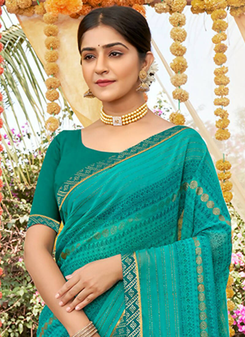 Sea Green Georgette Foil Printed Saree with Unstitched Blouse Piece - Avika
