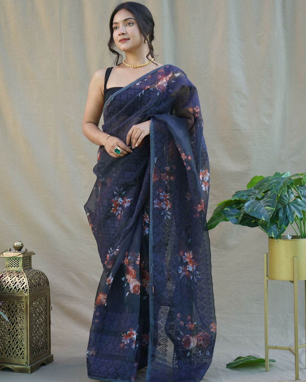 Vamsee Nitya Navy Blue Organza Saree
