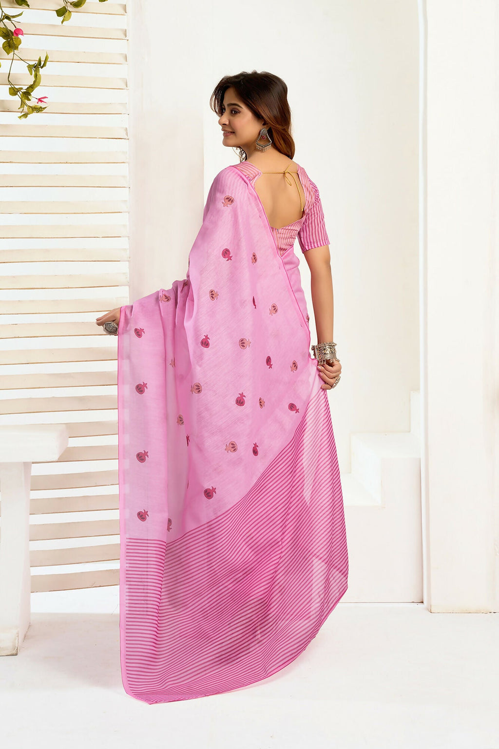 Vastranavya Baby Pink Digital Printed Linen Ready To Wear Designer Saree with Unstitched Blouse