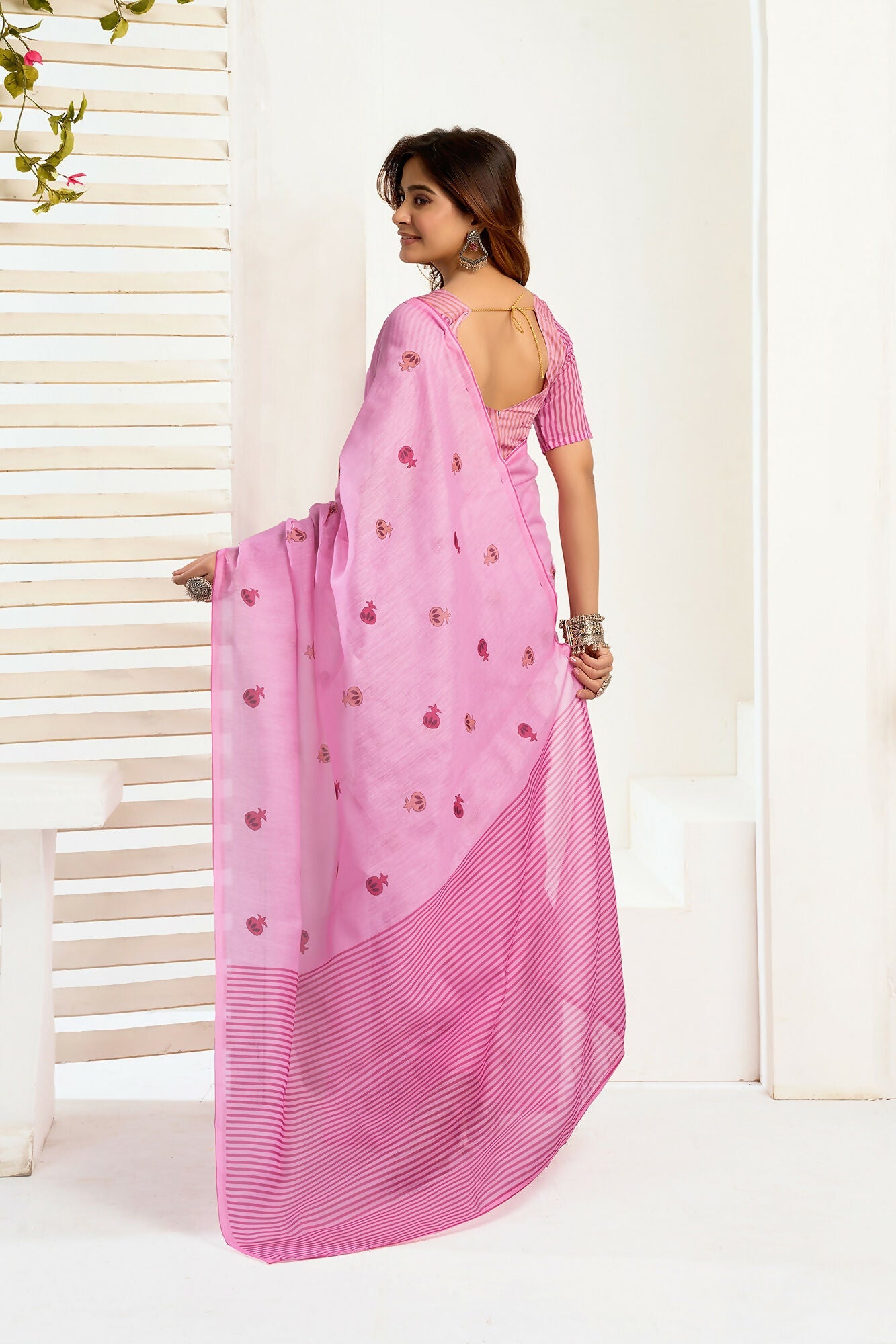 Vastranavya Baby Pink Digital Printed Linen Ready To Wear Designer Saree with Unstitched Blouse