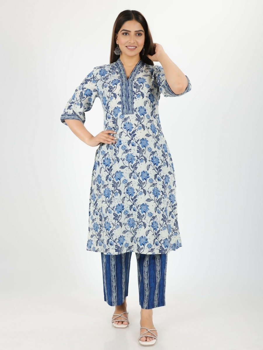 Aramya Off White Soft Cotton Floral Print Straight Kurta Set for Women