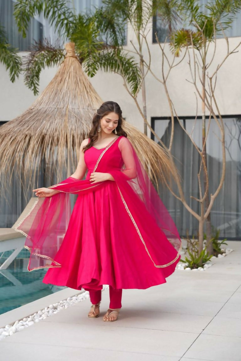 Teeya Creation Pink Color Pure Roman Silk Mirror Lace Party Wear Gown