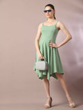 Myshka Women's Sea Green Solid Shoulder Straps Fit and Flare Party Dress