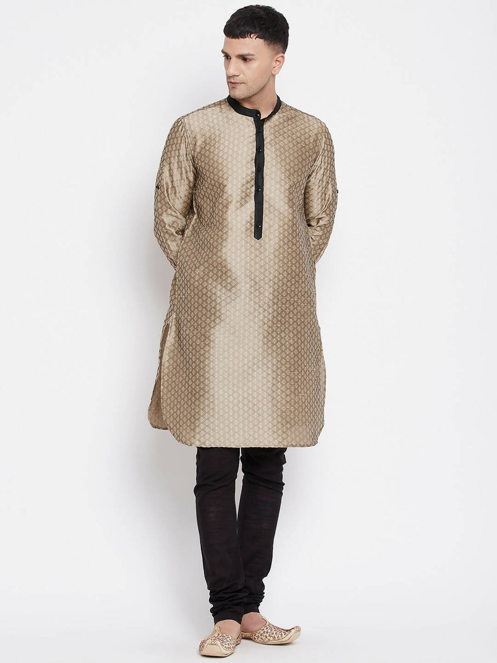 Even Apparels Beige Art Silk Men's Kurta With Contrast Collar And Placket