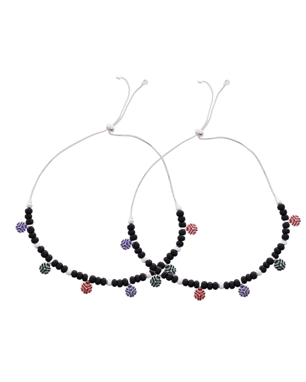 Jewels Nest Traditional Silver-Plated Black Beaded Anklet with Floral Charms