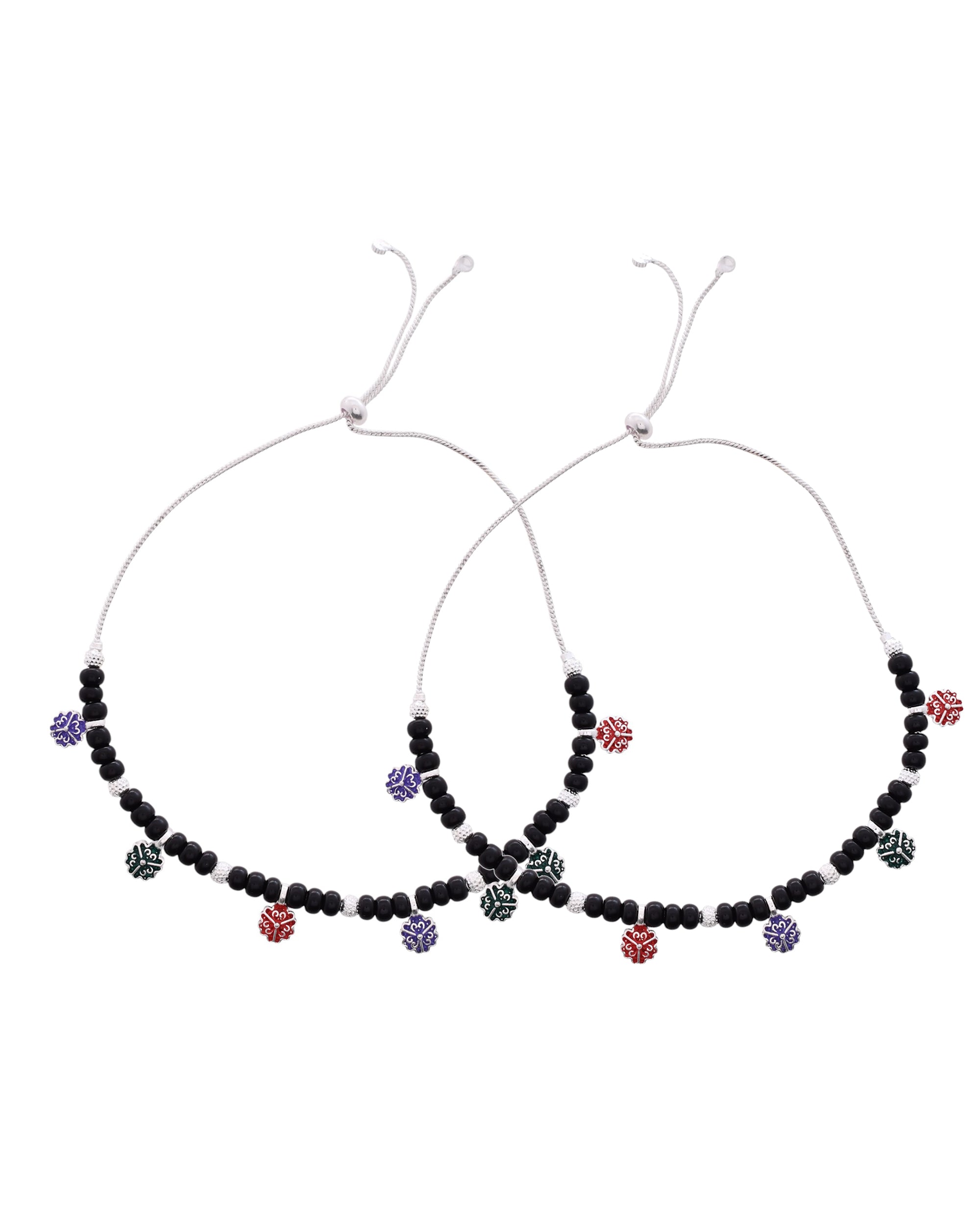 Jewels Nest Traditional Silver-Plated Black Beaded Anklet with Floral Charms