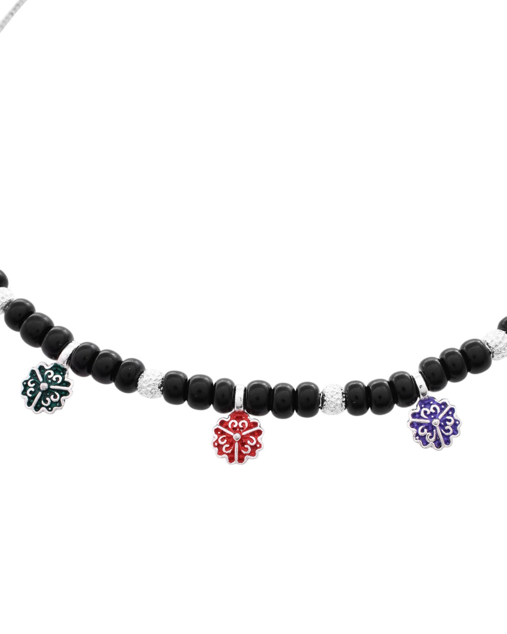 Jewels Nest Traditional Silver-Plated Black Beaded Anklet with Floral Charms