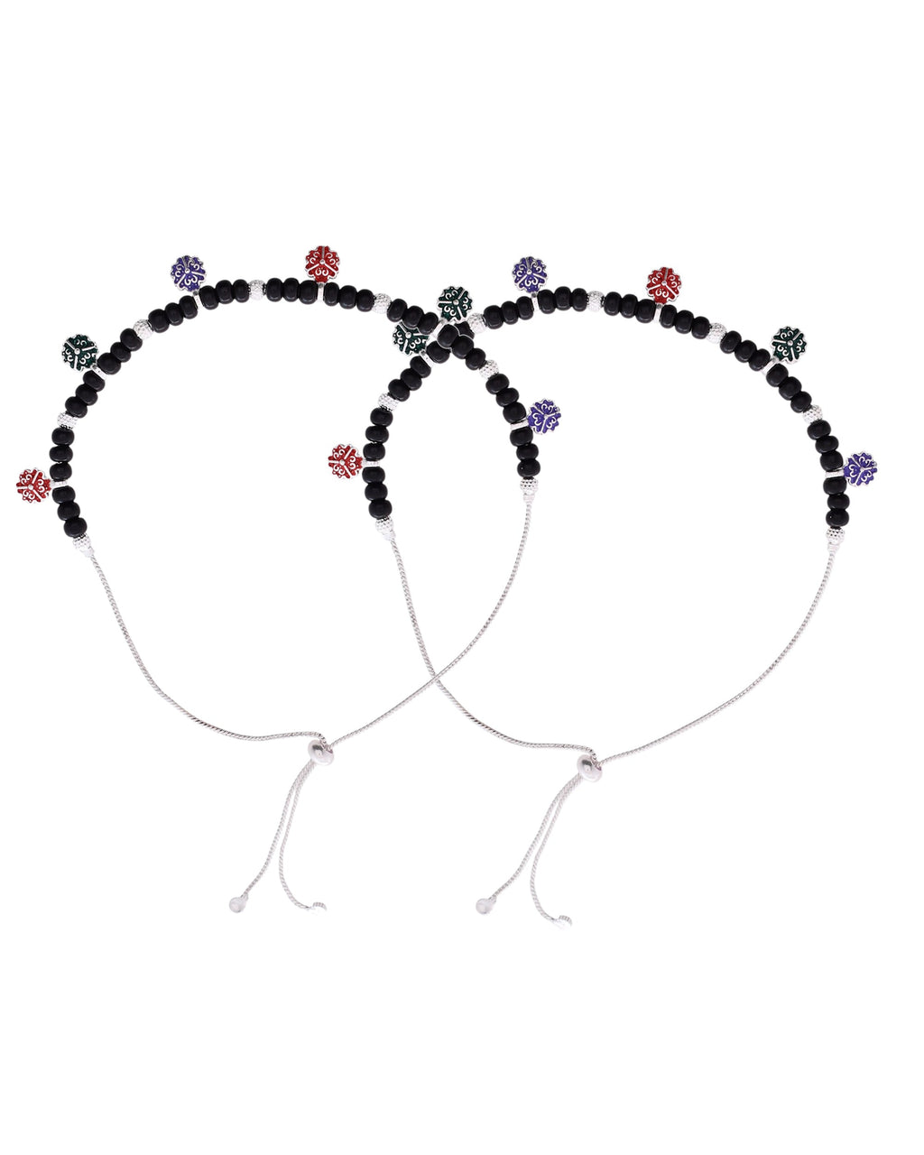 Jewels Nest Traditional Silver-Plated Black Beaded Anklet with Floral Charms