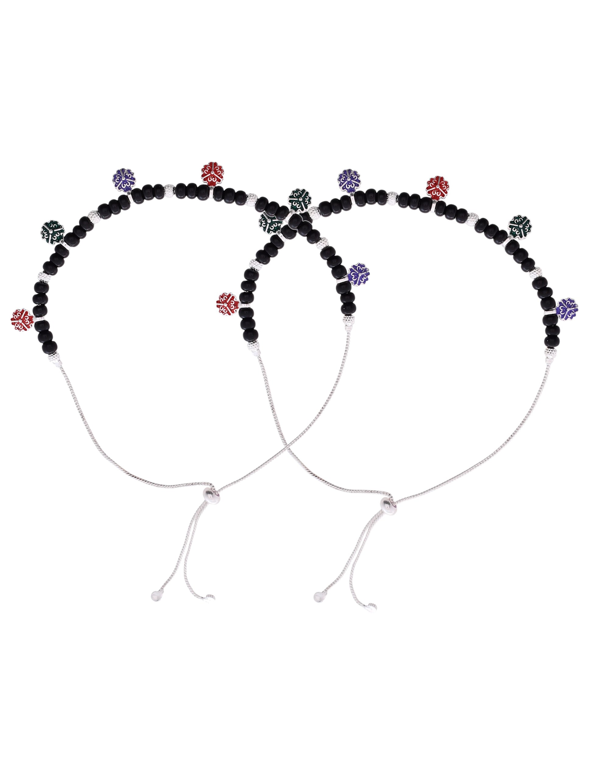 Jewels Nest Traditional Silver-Plated Black Beaded Anklet with Floral Charms
