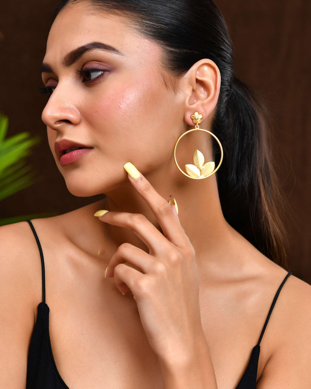 Jewels Nest Matte Gold Leaf Hoop Earrings for Women – Elegant Lightweight Ethnic Fusion Wear