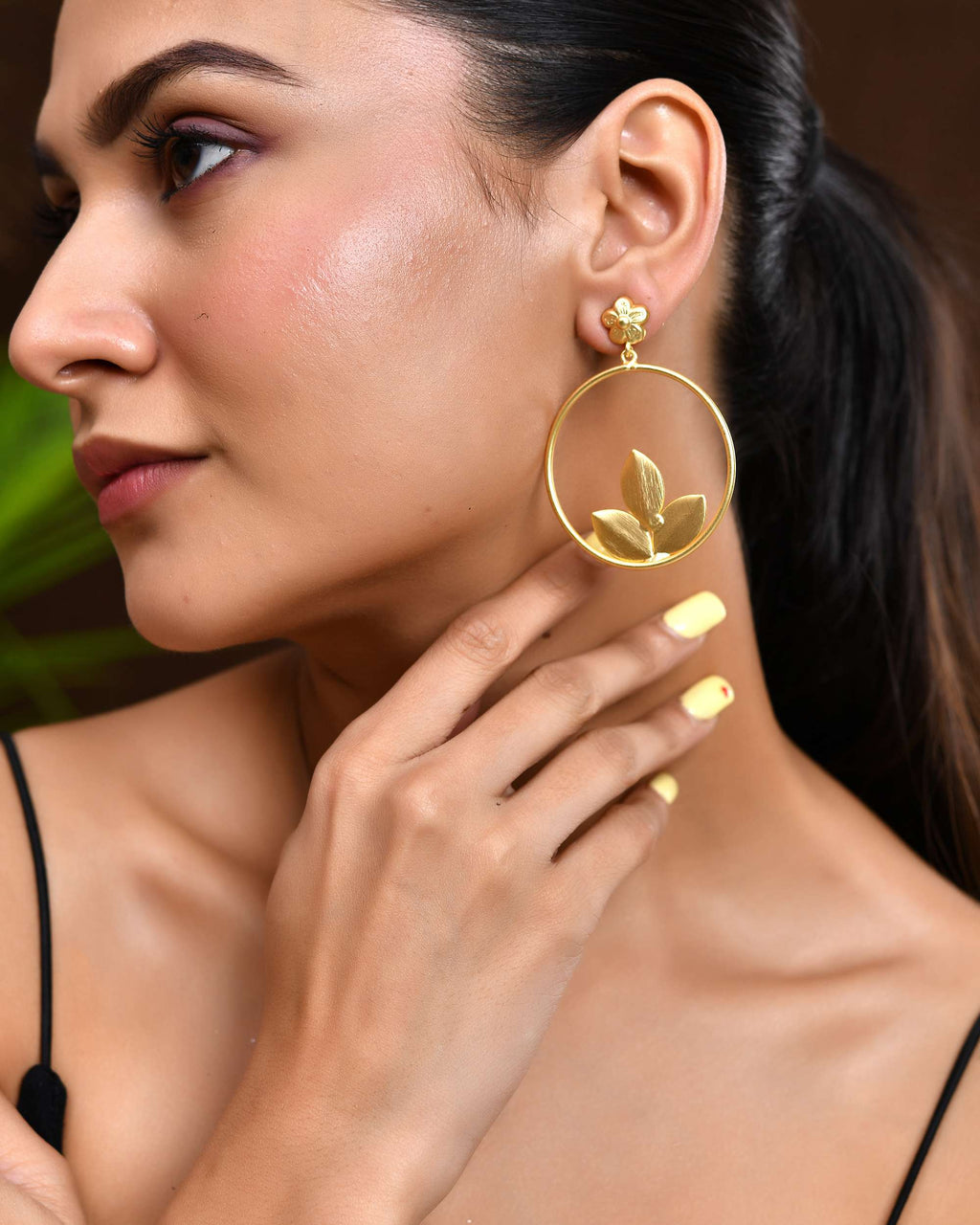 Jewels Nest Matte Gold Leaf Hoop Earrings for Women – Elegant Lightweight Ethnic Fusion Wear