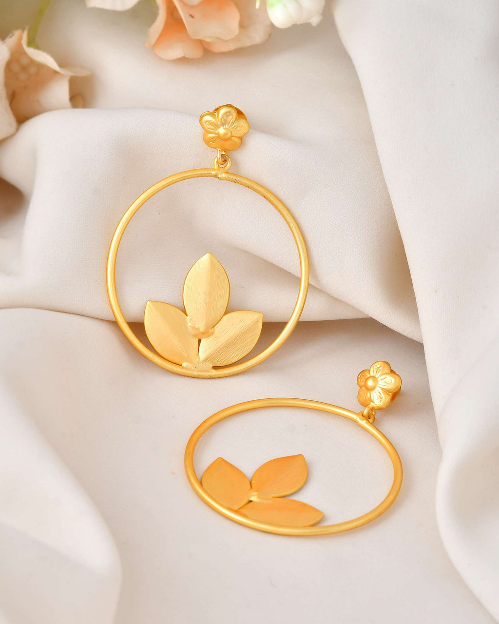 Jewels Nest Matte Gold Leaf Hoop Earrings for Women – Elegant Lightweight Ethnic Fusion Wear