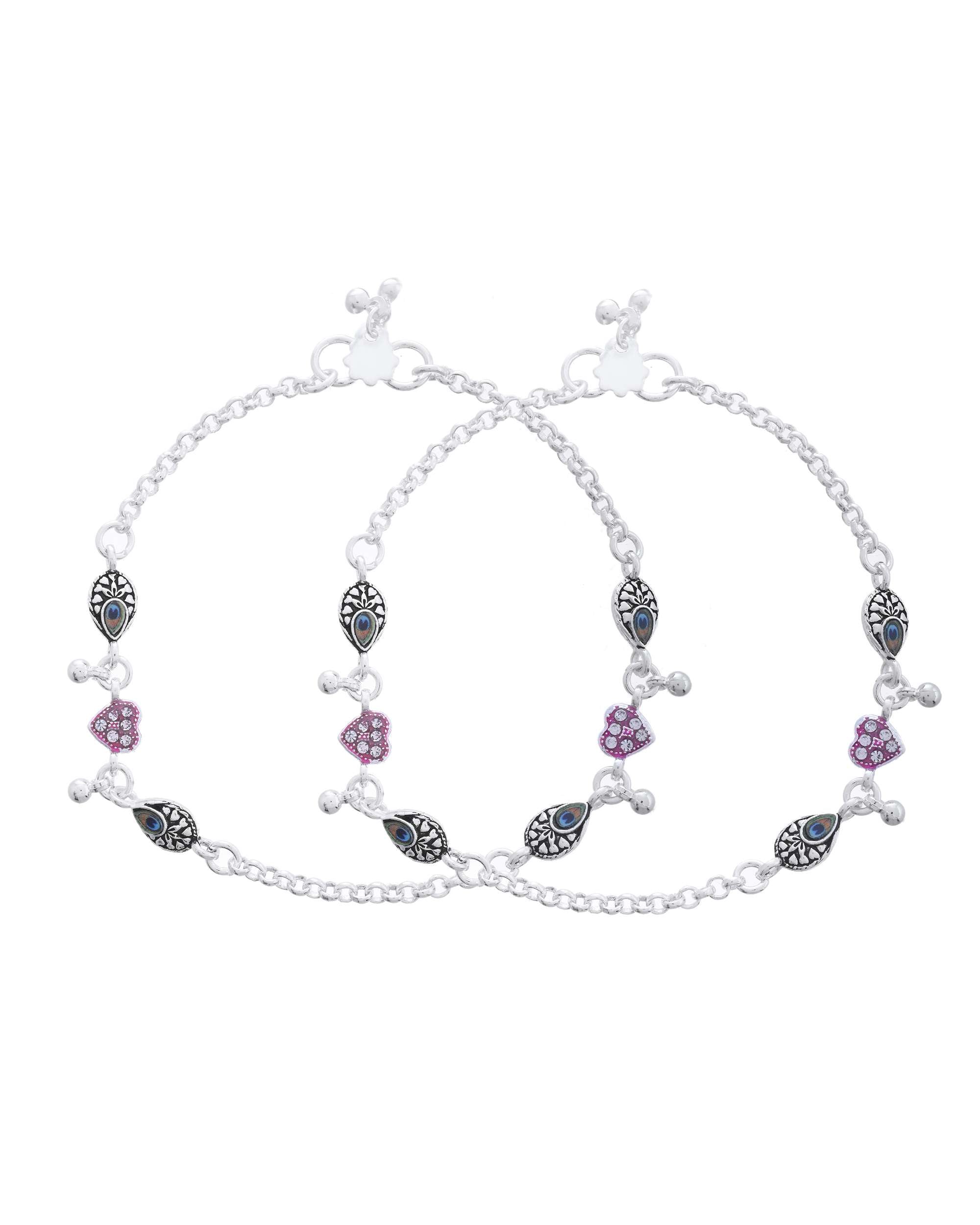 Jewels Nest Set of 2 Silver-Plated Stainless Steel Evil Eye & Pink Beaded Anklets