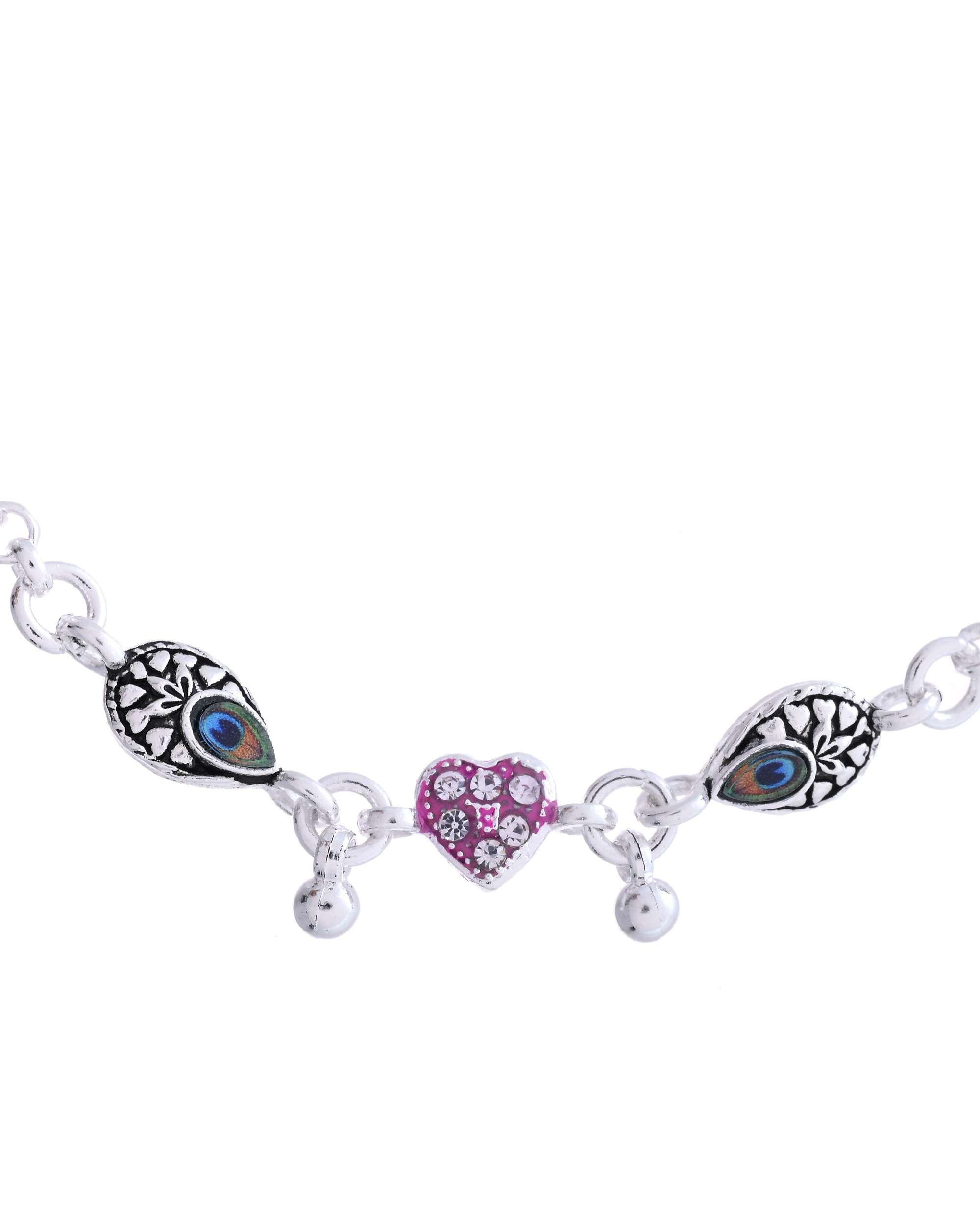 Jewels Nest Set of 2 Silver-Plated Stainless Steel Evil Eye & Pink Beaded Anklets