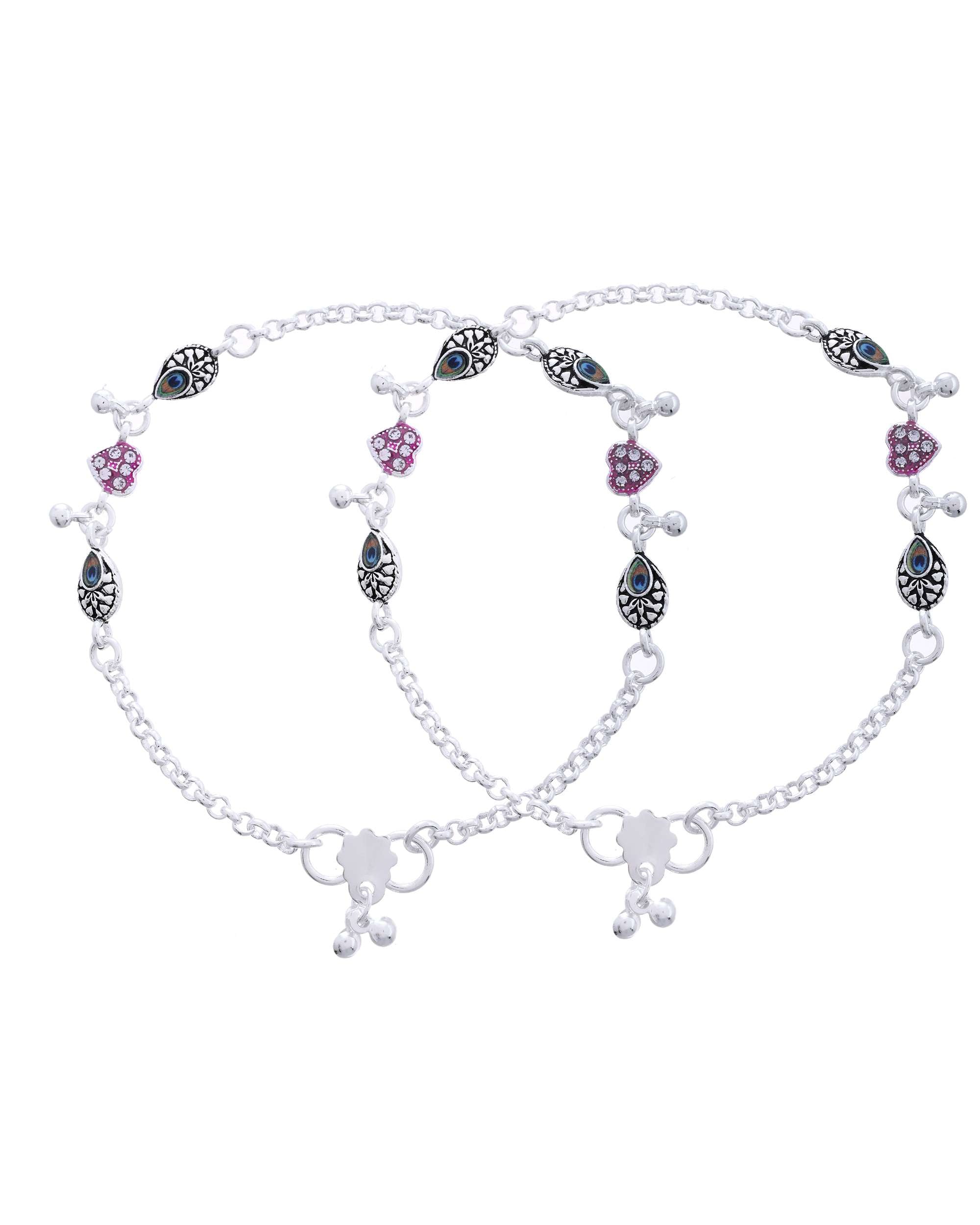 Jewels Nest Set of 2 Silver-Plated Stainless Steel Evil Eye & Pink Beaded Anklets