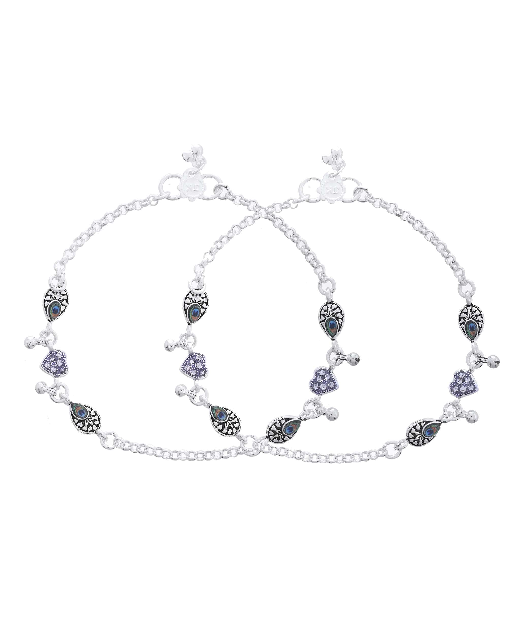 Jewels Nest Set of 2 Silver-Plated Stainless Steel Evil Eye & Heart Charm Beaded Anklets