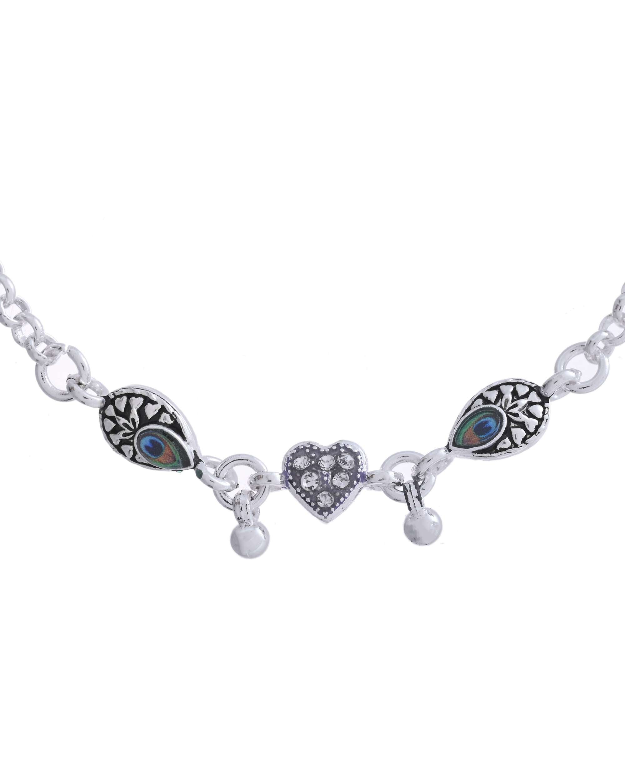 Jewels Nest Set of 2 Silver-Plated Stainless Steel Evil Eye & Heart Charm Beaded Anklets