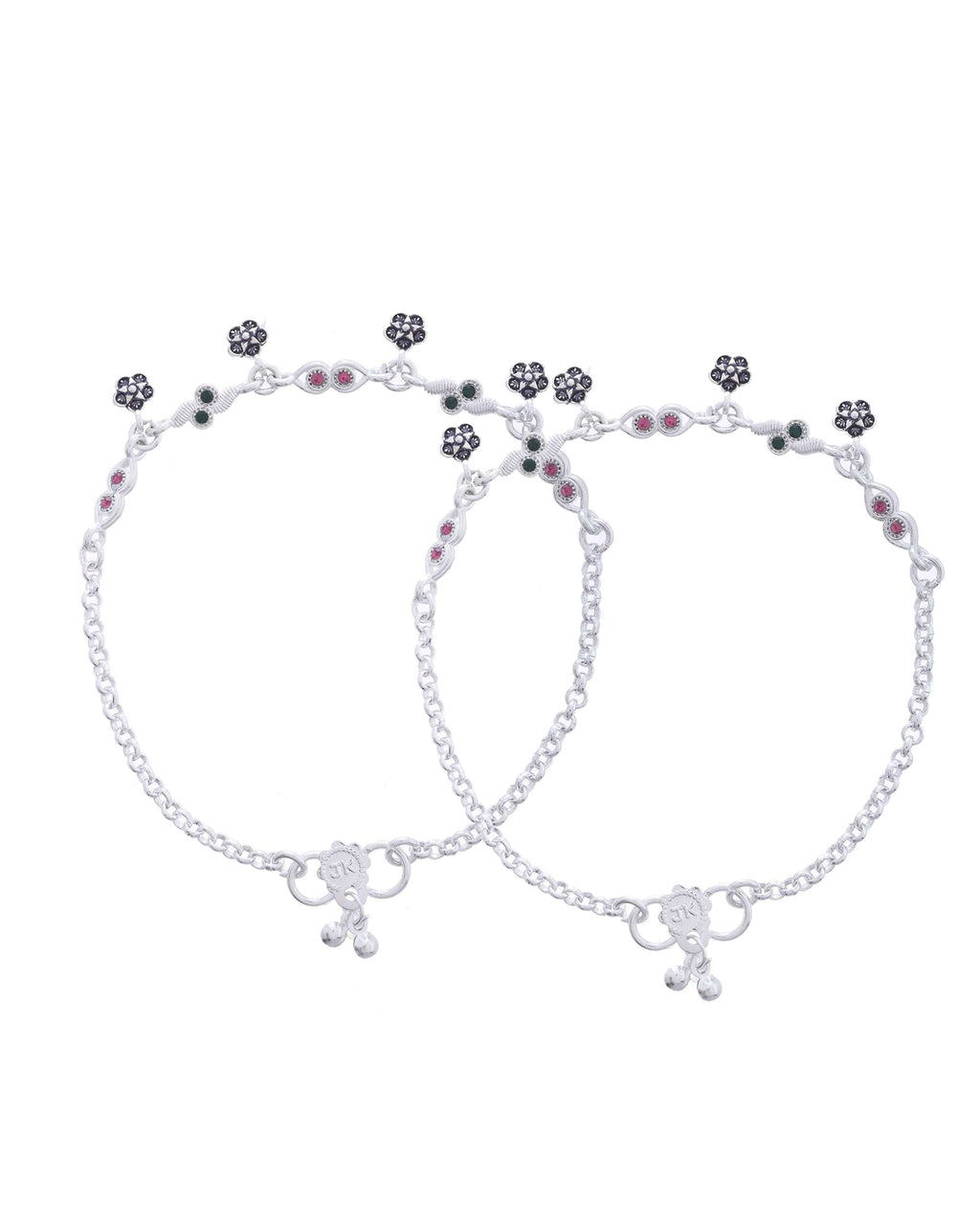 Jewels Nest Set of 2 Silver-Plated Anklets with Multicolour Stone-Studded Flower Charms