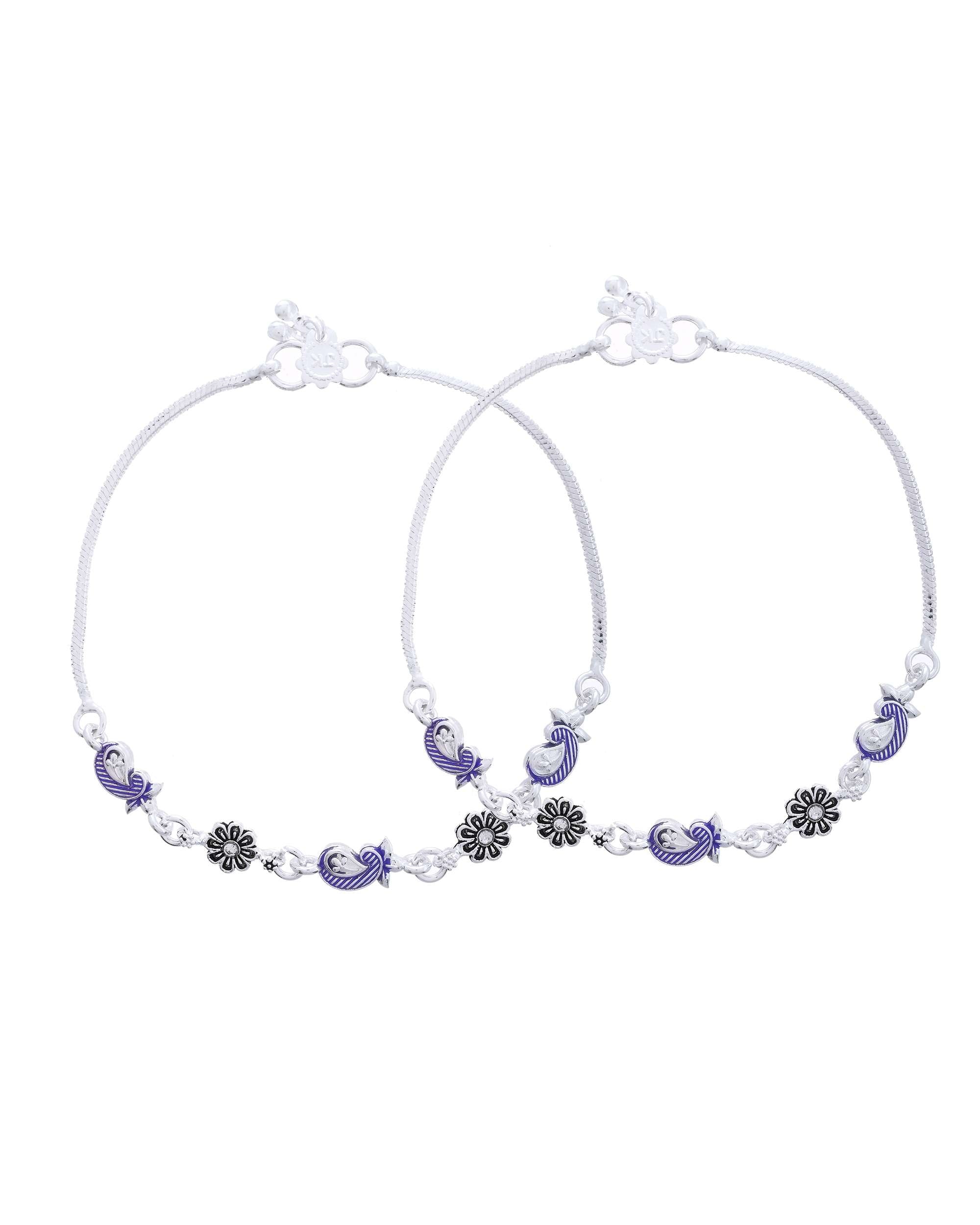 Jewels Nest Set of 2 Silver-Plated Stainless Steel Paisley & Floral Charm Anklets