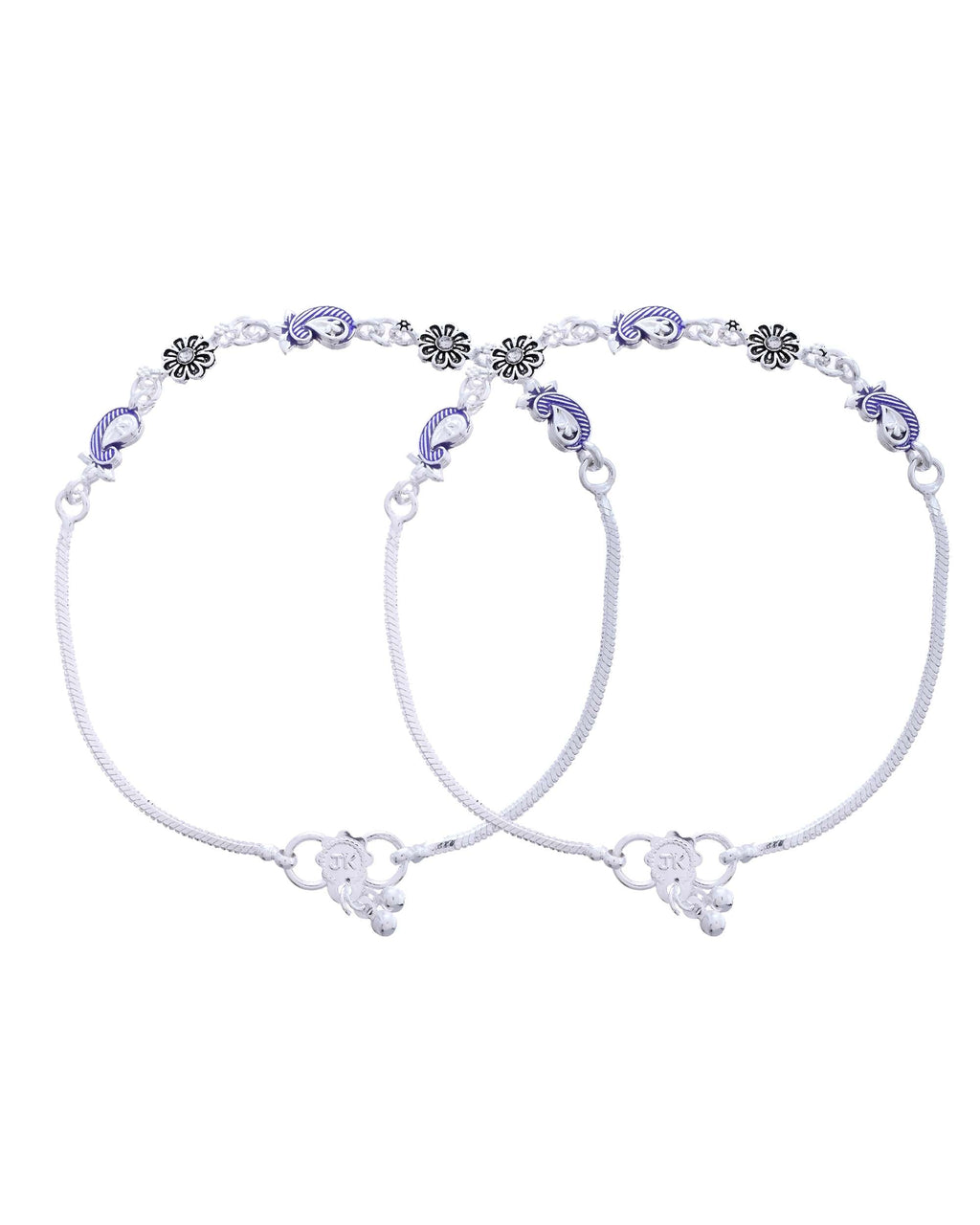 Jewels Nest Set of 2 Silver-Plated Stainless Steel Paisley & Floral Charm Anklets