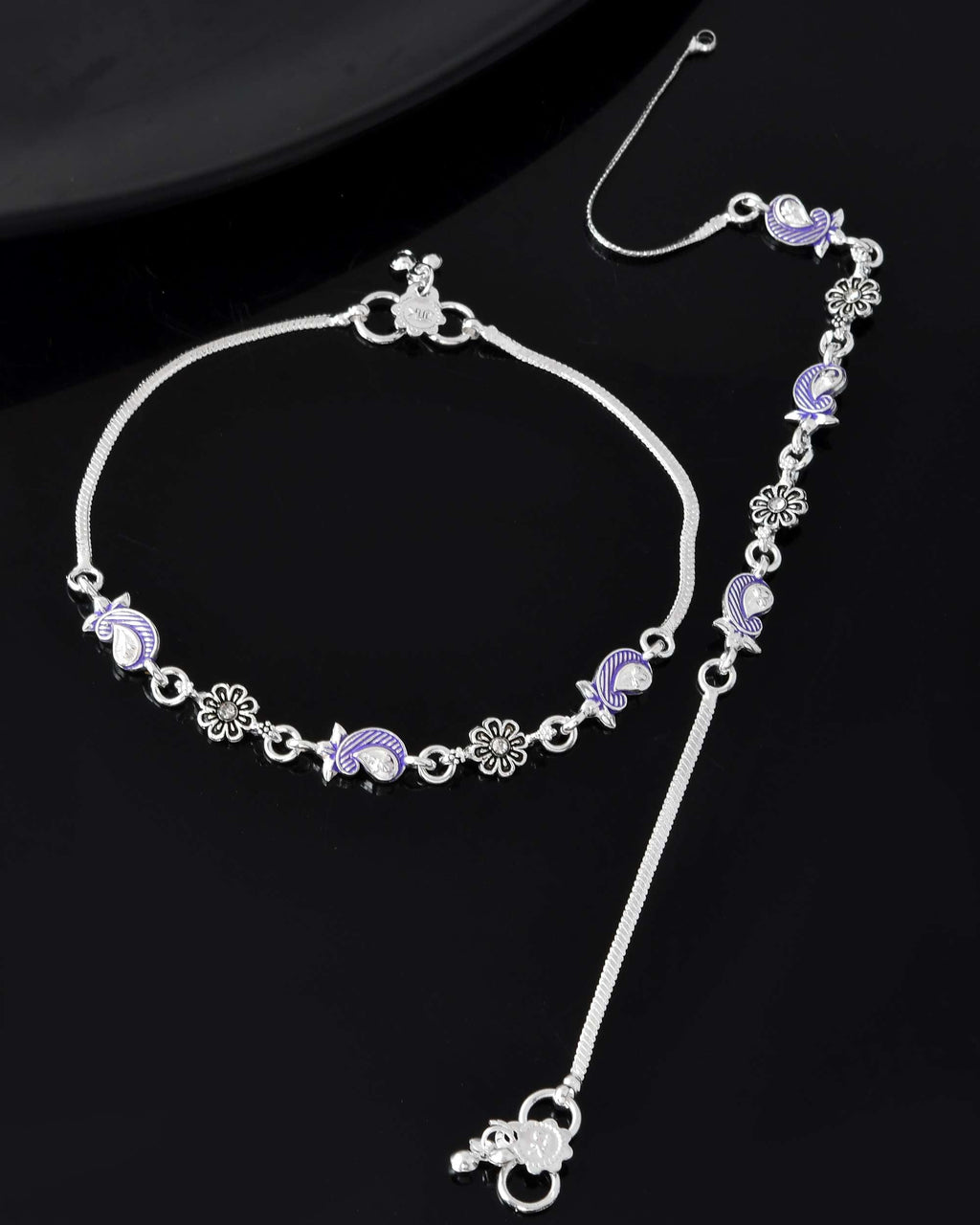 Jewels Nest Set of 2 Silver-Plated Stainless Steel Paisley & Floral Charm Anklets