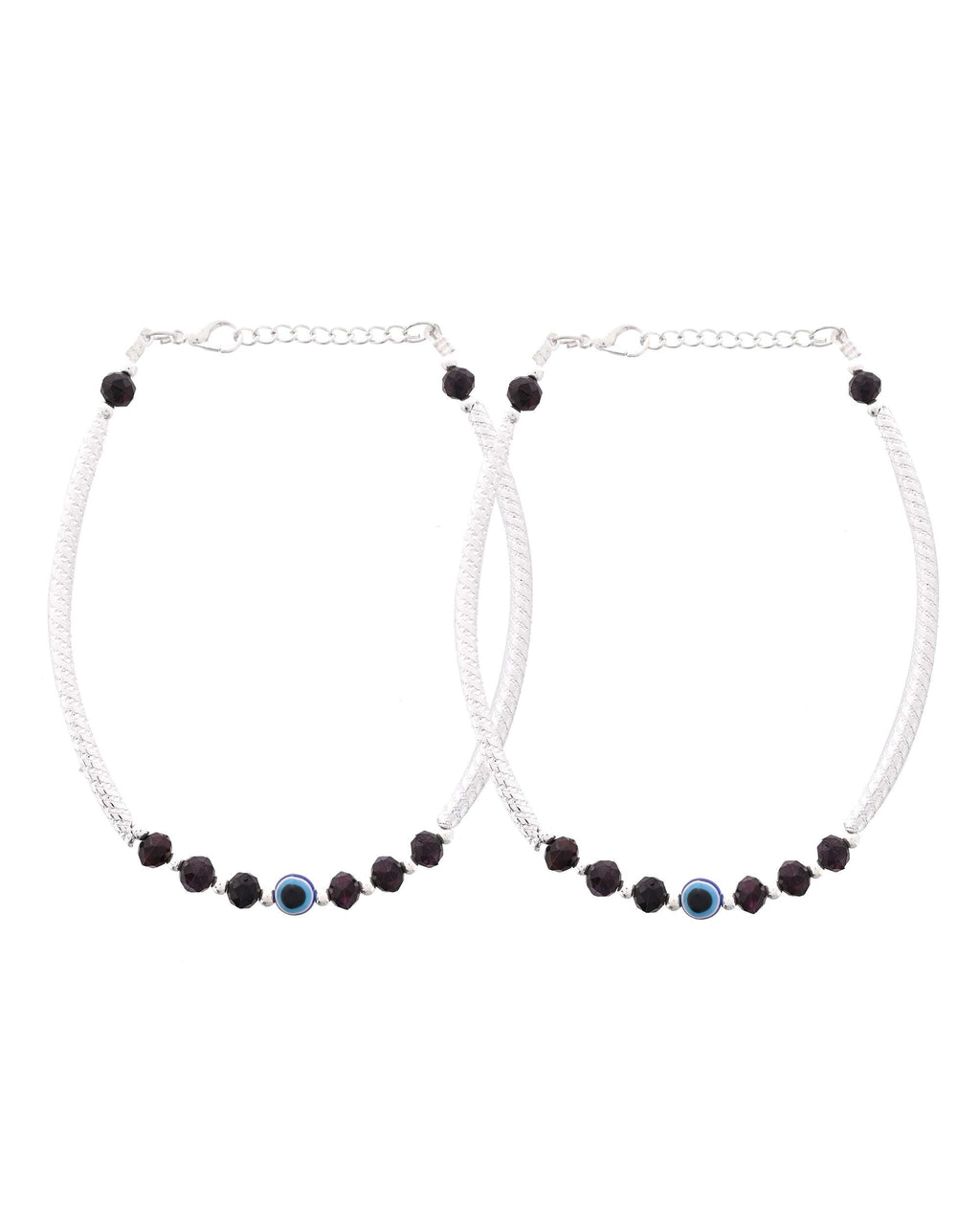 Jewels Nest Set of 2 Silver-Tone Stainless Steel Evil Eye Anklets with Beads